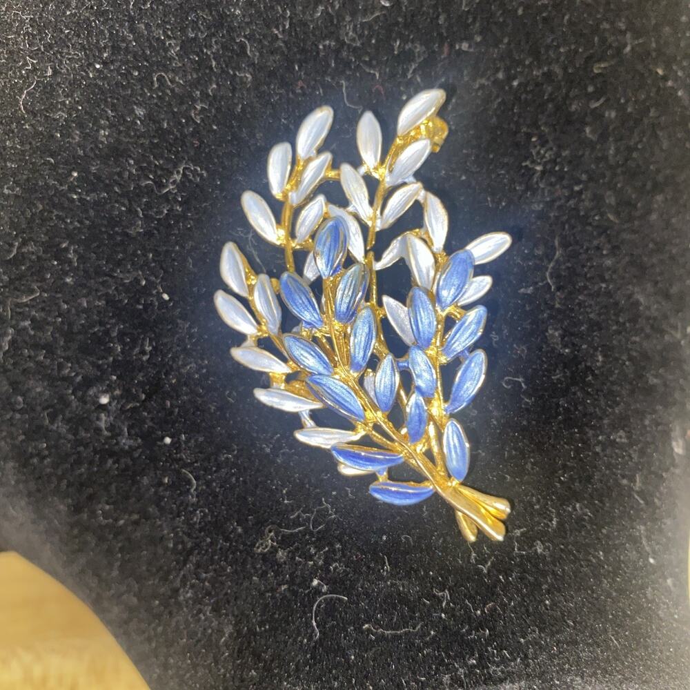 Vintage Gold Tone Ab Paste Blue Glass & Iridescent Enamel Brooch Pin